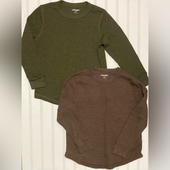 Old Navy Kids Shirts Size 6-7 Green Brown Long Sleeve Waffle Casual Tops 2 Piece - Picture 1 of 5
